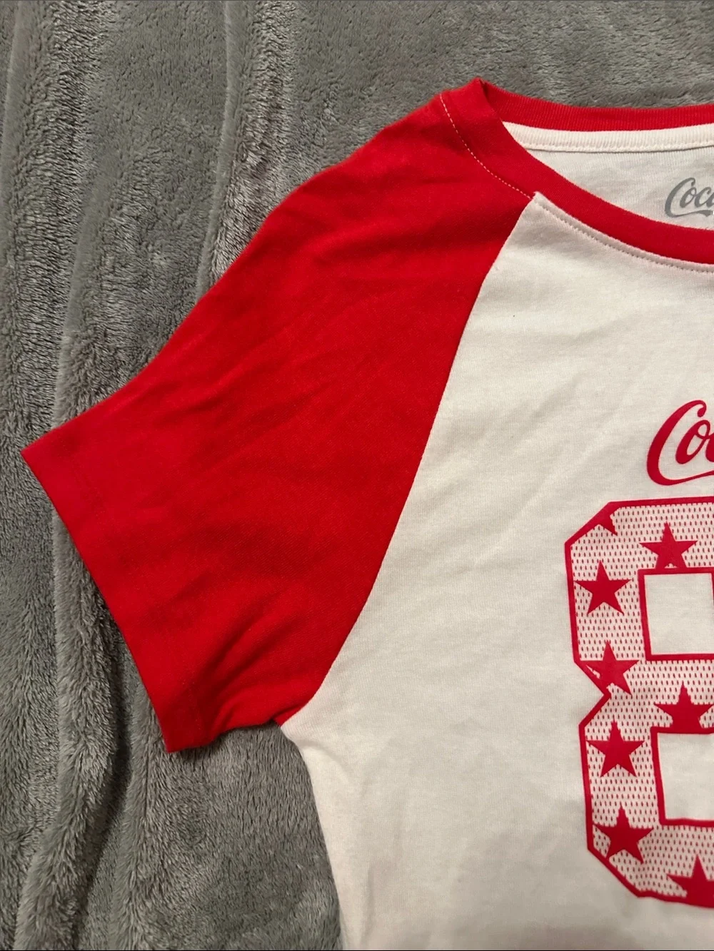 Coca Cola White Tee with Red Raglan Sleeves and Soccer Graphic size L kids